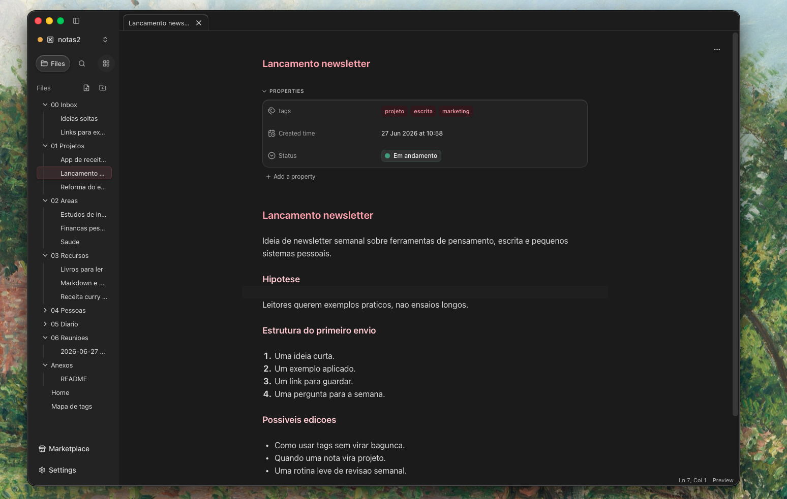 Cortex desktop workspace showing a custom dark theme over Markdown notes.