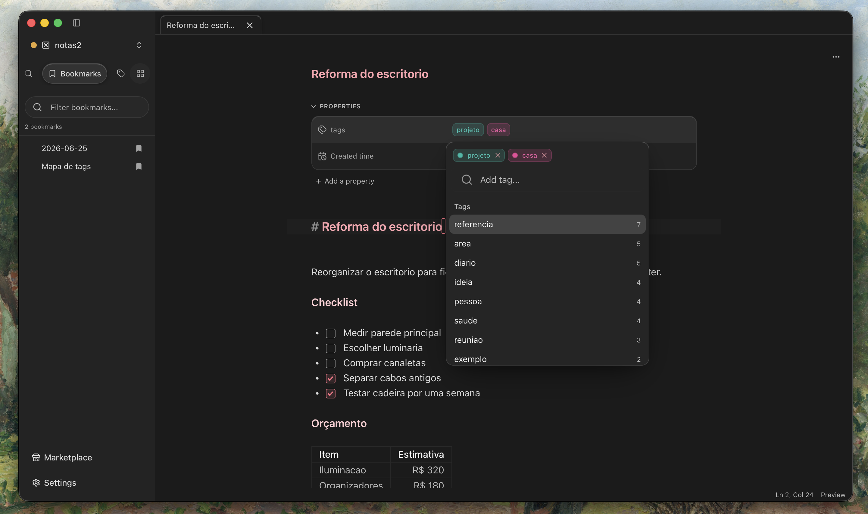 Cortex organization workspace showing folders, tags, bookmarks, and note properties.