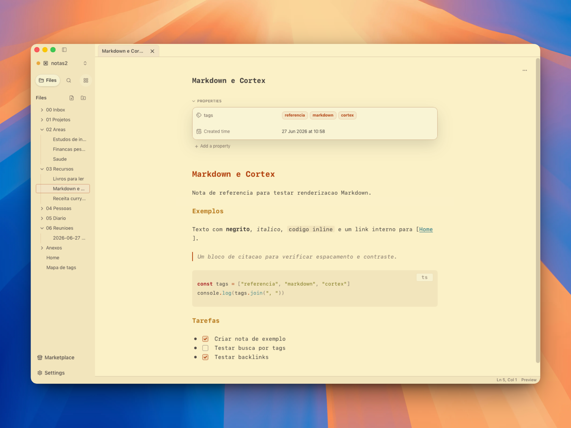 Cortex workspace showing a community dark theme with custom colors, side navigation, note properties, and Markdown content.