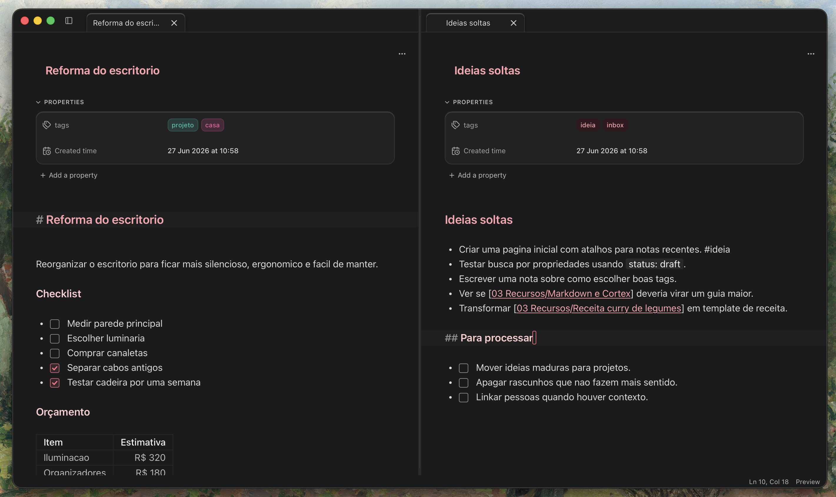 Cortex writing workspace showing Markdown notes, split panes, and search context.
